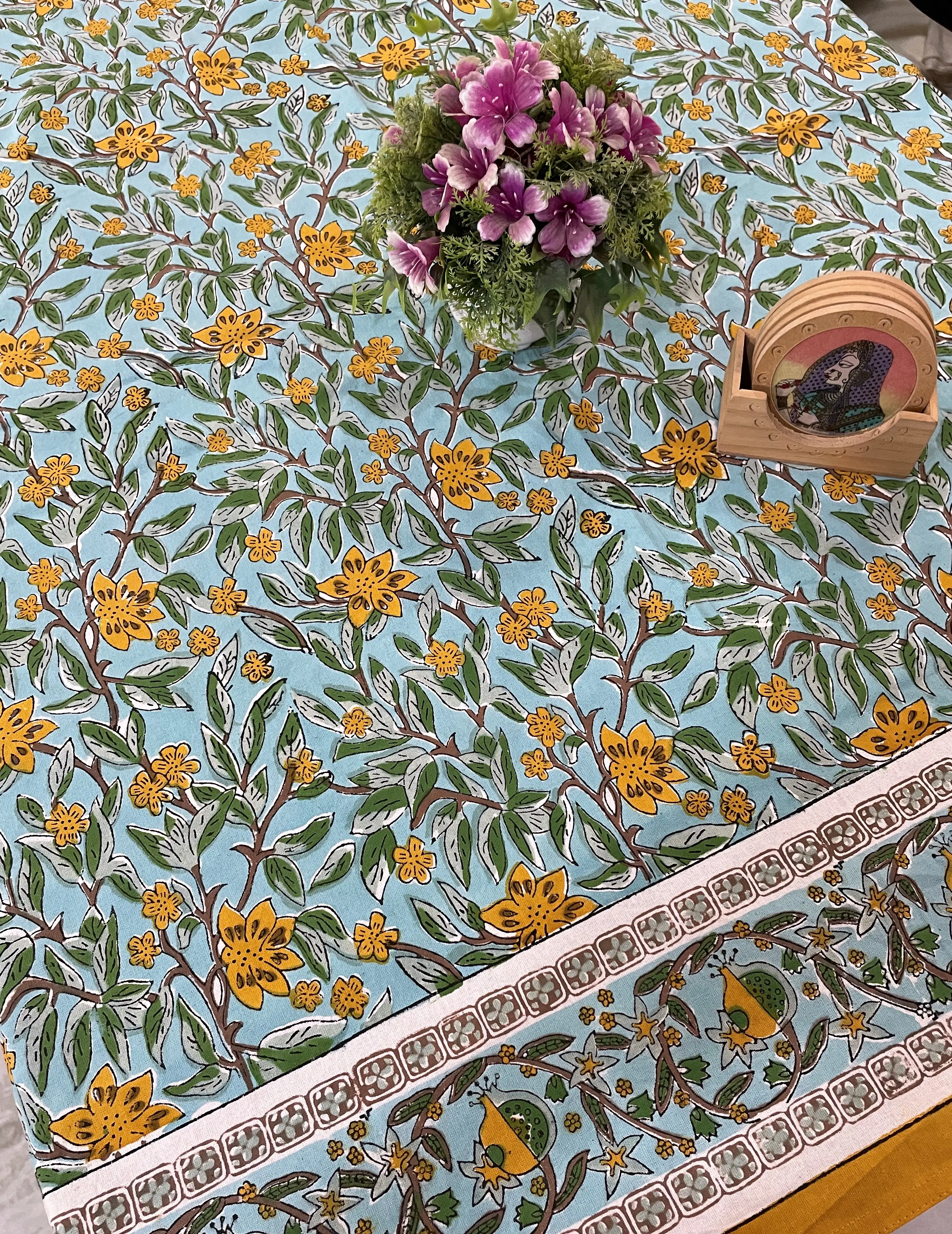 Indian Block Print Cotton Tablecloth, Floral Table Cloth for Dinning Table, Turquoise and Green Color Tablecloth and Bedspread.