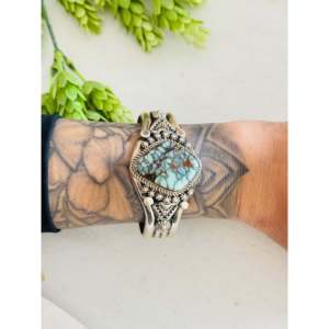 Vintage Navajo Fashion <b>Cuff</b> <b>Bracelet</b> New Lander Variscite & Sterling <b>Silver</b> Handmade & Unique - Product Image 2