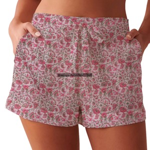Shorts de Algodón con Estampado a Mano para Mujer, Ropa de Verano, Shorts de Algodón con Estampado a Bloques, Colección Playa, Estilo Baby Doll - Product Image 1