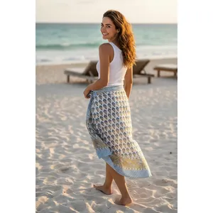 Bagru Block Print Floral White Cotton Sarong <b>Beach</b> <b>Wrap</b> Pareo Cover-Up - Product Image 1