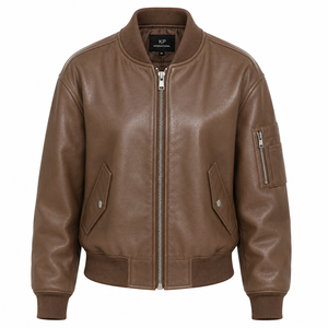 Blouson aviateur en cuir véritable marron, col montant, manches longues, poches plaquées, coupe classique pour adulte, style automne - Product Image 1