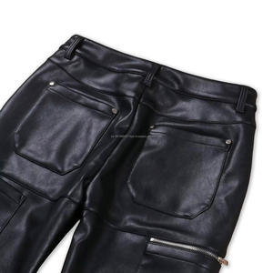 Custom Designer Solid Black <b>Flared</b> Pocket Zipper <b>Leather</b> Pants for Men - Product Image 3