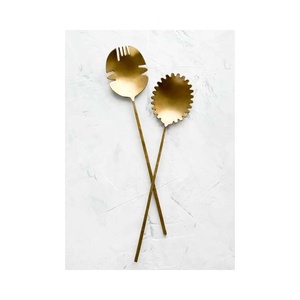 Long Stick Design Handle <b>Gold</b> Matt <b>Mirror</b> Polished Spoon Fork Salad Server Set with Long Amazing Design Handle - Product Image 1