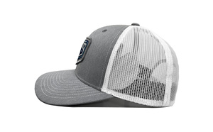 Sombreros de camionero de alta calidad, parche tejido personalizado, venta al por mayor, gorras deportivas ajustables para exteriores, gorras de camionero OEM, Gorras gris jaspeado - Product Image 2