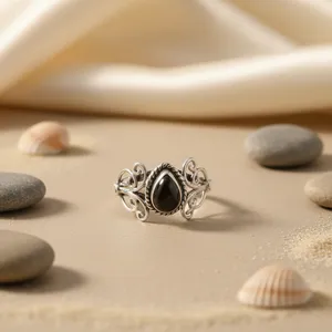 925 Silver <b>Black</b> Onyx Teardrop <b>Ring</b> Vintage Gemstone Jewelry Unisex Everyday Wear Brand a Rajasthan - Product Image 1