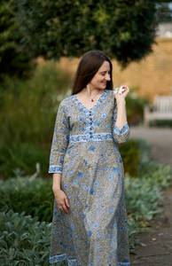Robe Islanna Imprimée à la Main, Bohème, Pur Coton, Décontractée, Occasionnelle, Vacances, Été, Gris Bleu, Fabrication Artisanale, Mode Éthique - Product Image 4