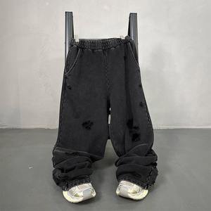 กางเกงวอร์มทรงตรงขาบานสไตล์วินเทจผ้าฟลีซหนานุ่มฟอกสีแบบกรดขาดๆ สำหรับผู้ชาย ทรงโอเวอร์ไซส์ สตรีทแวร์ - Product Image 2