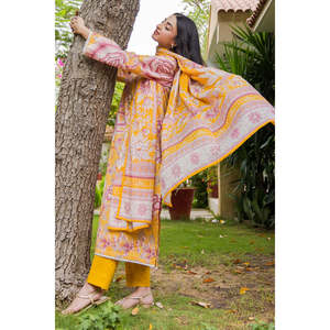 Traje de 3 Piezas sin Coser para Mujer, Color Amarillo, Estampado Digital, Material de Muselina - Product Image 1