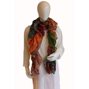 Recycled <b>Silk</b> Sari Frill Scarf Ruffle Vintage Multicolor Boho Fashion for Girls Hand Drawn Designer Long Scarf for Spring - Product Image 3