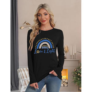 Camiseta de Manga Larga Estampada para Mujer, Tejido Suave de Algodón Mercerizado, Diseño Sólido, Transpirable, Cómoda, Informal y a la Moda - Product Image 3