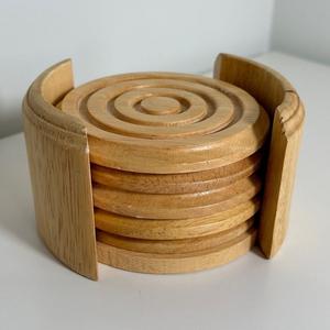 <b>Set</b> of 4 Walnut Wooden <b>Coasters</b> <b>With</b> <b>Holder</b> Round Shape for Kitchenware Dining Table Drinks Serving Mats & Pads - Product Image 2