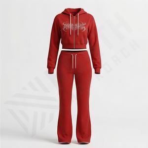 Mode d'hiver, survêtement à jambes évasées à manches longues, haut court à capuche pour femmes, logo personnalisé imprimé, 100% coton molletonné, couleur personnalisée - Product Image 1