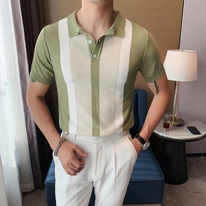 เสื้อโปโลแขนสั้นแฟชั่นผู้ชาย, เสื้อโปโลแขนสั้นย้อนยุคเย็บปะติดปะต่อกันถักบางเสื้อลำลองมีกระดุม - Product Image 5