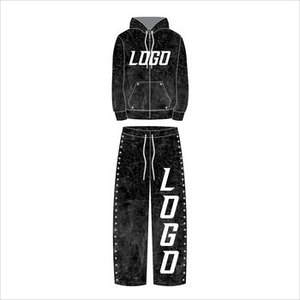 Custom 100% Cotton Vintage Zip Hoodie Suit High Quality Acid Washed Sun Faded Street Winter Hooded Collar Tracksuit - Product Image 1