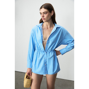 Vestido Camisero Corto con Cordones en la Cintura y Detalle de Rayas, 100% Algodón Orgánico para Mujer, Marca GRIMELANGE ZALCAT - Product Image 1