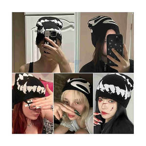 Bonnet en laine mélangée noir à motif graphique, streetwear pour hommes et femmes, bonnet tricoté Y2K, bonnet ample gothique, bonnet d'hiver, mode hip-hop, esthétique - Product Image 2