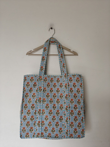 Sky Blue Eco-Friendly Large Floral Print Women's Tote <b>Bag</b> Beautiful Indian Cotton Quilted Daily Shopping <b>Travel</b> Open Closure - Product Image 4