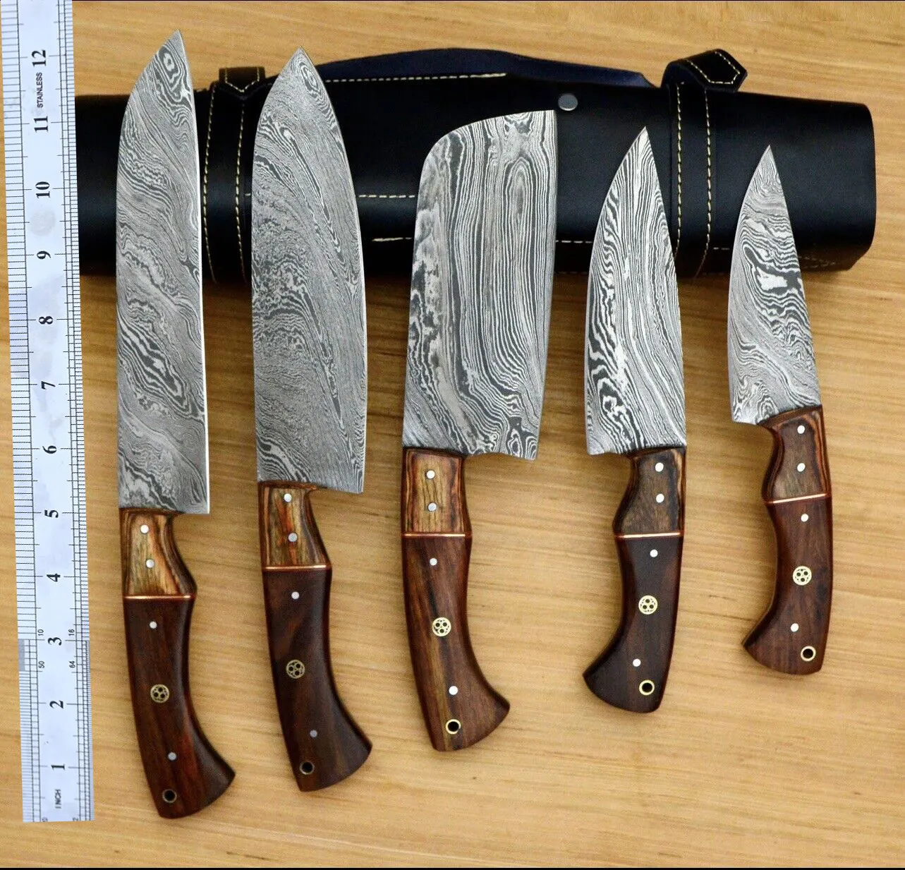 Professional 5pcs Slicer Chef Knife Sets Damascus Steel Set Kitchen Knives with Leather sheath