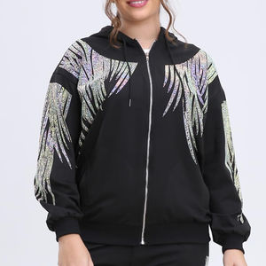 White Rhinestone Zip-Up Winter Knitted Badge <b>Sequined</b> Hooded Women's Trendy Sparkle <b>Jacket</b> Comfortable Quick-Dry Breathable Low - Product Image 2