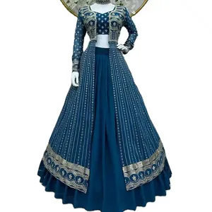 2024 moda abbigliamento etnico Georgette Lehenga choli con paillettes lavoro con camicetta allegare scrollata di spalle