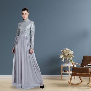 Elegante vestido de noche de diseñador para mujer, lentejuelas plateadas, cuello alto, plisado, tul, rebordear, manga larga, hecho a mano, fiestas cómodas - Product Image 3