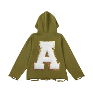 Sudaderas con capucha de color verde oliva, Sudadera de felpa francesa sin bolsillos, sudaderas con capucha de gran tamaño con dobladillo crudo para hombres con estampado de hojaldre - Product Image 5