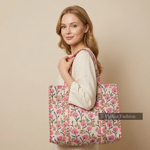Bolso Tote de Algodón Acolchado con Estampado a Mano de Jaipur, Grande, Rosa Floral, Bolso de Playa para Mujer - Product Image 1