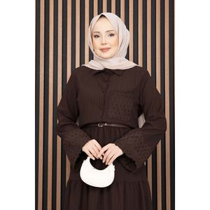Ensemble deux pièces marron foncé avec chemise et jupe à bordure en dentelle, tissu côtelé, style automne, tailles XS-XL - Product Image 2