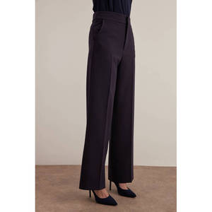 Pantalon palazzo large en crêpe anti-plis taille haute bleu marine avec poches - Product Image 4