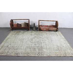 Alfombra Turca, Alfombra Vintage de 5.3x8.3 pies, Alfombra de Lana con Diseño a Cuadros Verde Gris - Product Image 3