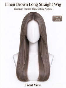 Premium 100% Human Hair Long Straight <b>Wig</b> Linen Brown Natural Hairline for Women - Product Image 3