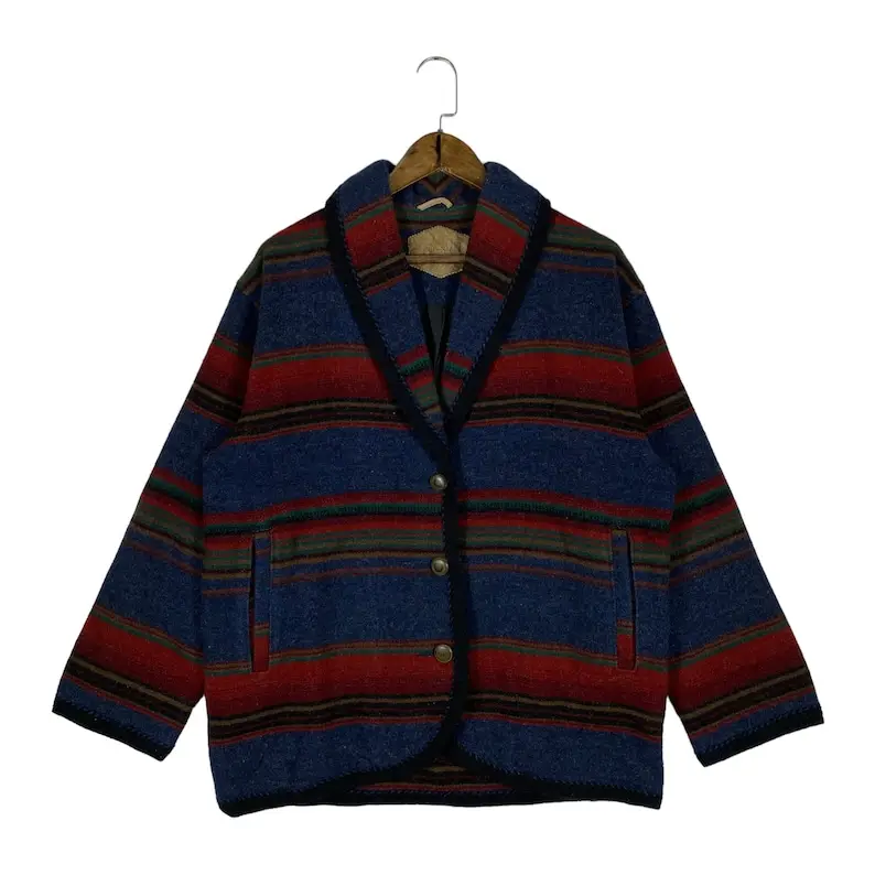 Hombres Vintage Lana Rich Wool Mills Chal Collar Chaqueta roja y azul Hecho en EE. UU. Southwestern Aztec Abrigo de lana Talla S