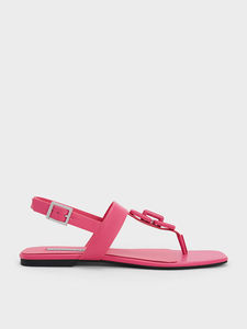 Sandale d'été en cuir véritable plat fantaisie pour dames avec embellissement riche String rose vif pour femmes avec fermeture à boucle à sangle - Product Image 4