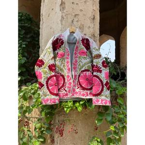 Unisex Uzbek Floral Embroidery Jute Cotton Jacket Stand Collar Knitted Short Party Wear <b>Coat</b> Autumn Lining Trending for Women - Product Image 2