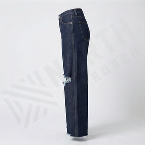 Jeans à jambes larges taille haute pour femmes Mode Coupe droite Trous en denim Pantalons en jean décontractés de couleur personnalisée Longueur au sol - Product Image 3