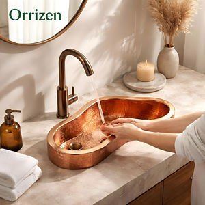 Fregadero de cocina duradero hecho a mano de cobre con forma de ameba, cuenco rectangular individual con un orificio, delantal frontal de acero inoxidable, de montaje bajo encimera - Product Image 1