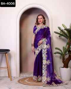 Saree en georgette lourde à usage traditionnel indien de créateur lourd avec codage multi-fils à broderie lourde et saree de travail à paillettes - Product Image 6