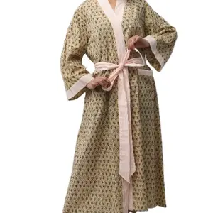 2025 nueva llegada al por mayor ropa de noche bloque de mano impreso 100% algodón indio playa ropa de baño bata de baño Kimono Maxi vestido - Product Image 1