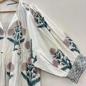 Haute qualité femmes robe mi-longue bohème coton Floral main bloc imprimer ample parfait été décontracté tunique courte cadeau parfait - Product Image 5