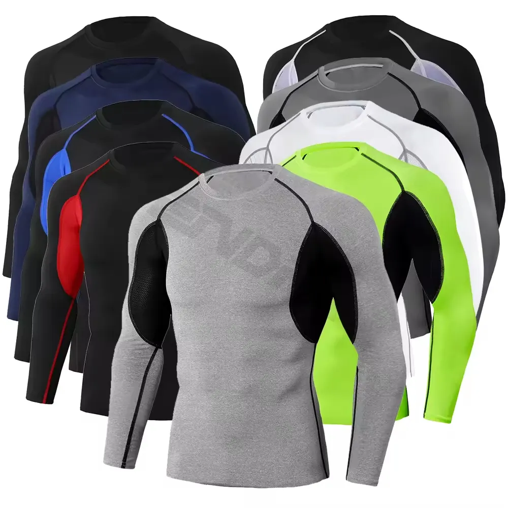Men's Tight Fitness Sweatshirt Compression Long Sleeve Stretch Round Neck Rash Guard Long Sleeve Wholesale Fitness Quick Dry Men