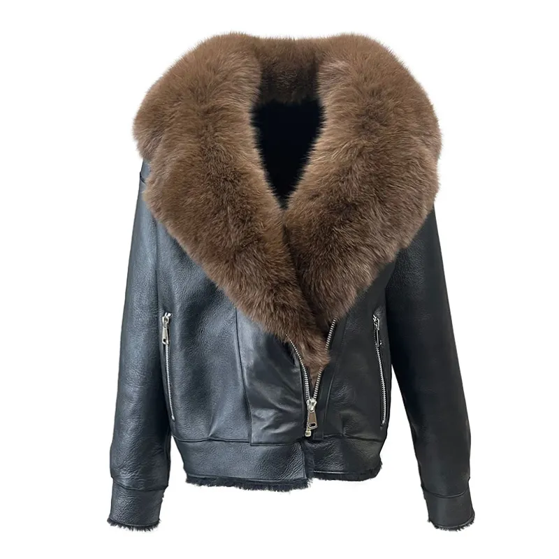 High Quality Genuine Sheepskin Leather Fur Coat Women Real Fox Fur Collar Leather Jackets Shearling Leather Jacket Womens