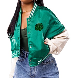 Wholesale Winter Custom Satin <b>Raw</b> Breathable Embroidery Bomber Jacket for Women Shiny Cropped Top Nylon - Product Image 1