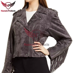 Chaqueta de cuero de ante gris de tendencia para mujer hecha a medida con ropa de abrigo genuina tachonada con método de tejido de relleno de algodón - Product Image 2