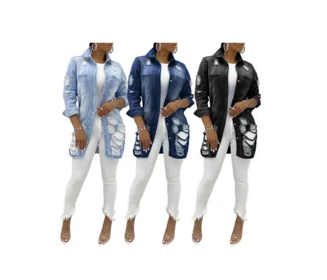 High Quality Blue Oversized Long Denim Jackets Distressed Womens Jean Jacket Wholesale Denim for women