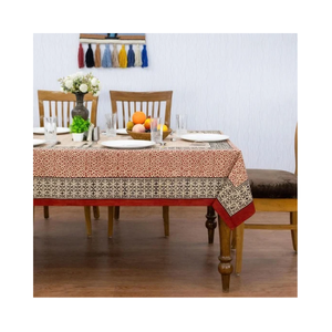 Nappe géométrique en terre cuite à bordure foncée imprimée, en lin pour la restauration, pour restaurants, hôtels, commandes en gros, export textile Inde - Product Image 1