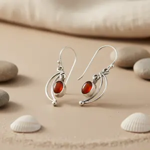 Boucles d'oreilles en argent sterling 925 avec pierre précieuse en cornaline plaquée rhodium, bijoux pour femmes, pour un anniversaire, un cadeau de fête, sertissage en bezel - Product Image 2
