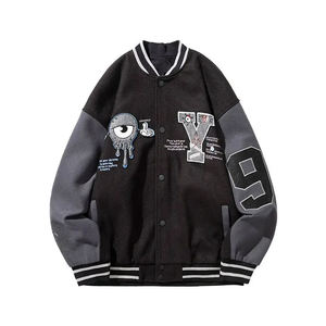 OEM Custom <b>Men's</b> <b>Long</b> Sleeve Letterman Varsity <b>Jacket</b> Stand Collar <b>Black</b> Grey Streetwear Coated Processing Chenille Embroidery - Product Image 1