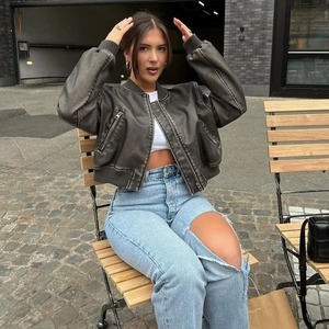 Chaqueta holgada de lona de cuero lavado para hombre, abrigo regular con cremallera degradada y cuello vuelto, estilo locomotora transpirable para mujer de invierno - Product Image 3