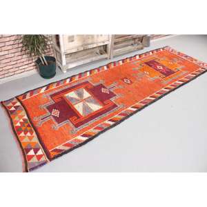 Alfombra Turca Vintage, Alfombra de Pasillo de 3.1x9.7 pies, Alfombra Floral Herki Naranja - Product Image 4