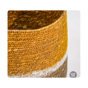 Panier jonc de mer moutarde blanc tissé à la main H21 B20 cm organisateur naturel tressé pour le stockage à la maison salon et décoration intérieure - Product Image 2